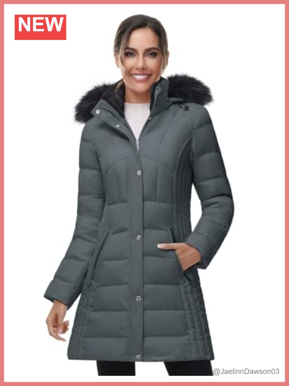 Mid-Length Hooded Down Puffer Coat Faux Fur Trim Winter Coat